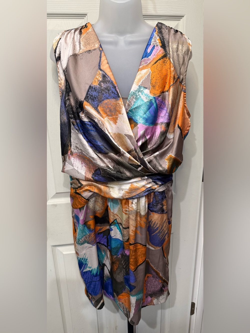 Julie Dillon Abstract Print Satin Faux-Wrap Dress in Orange, Blue & Taupe